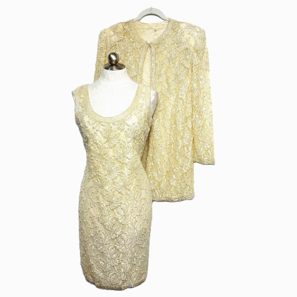 Vtg 80’s IvoryPearl Beaded Evening Cocktail Dress + Jacket Sz M -EUC